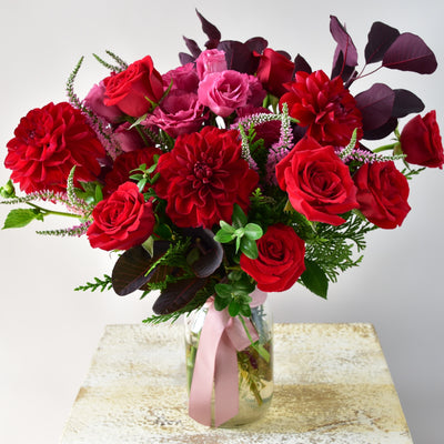 Valentine's Day Flowers red and pink.  Roses and Dahlias.  Flowers by the Branche Florist and indoor plant seller, Ashburton, Melbourne, Victoria